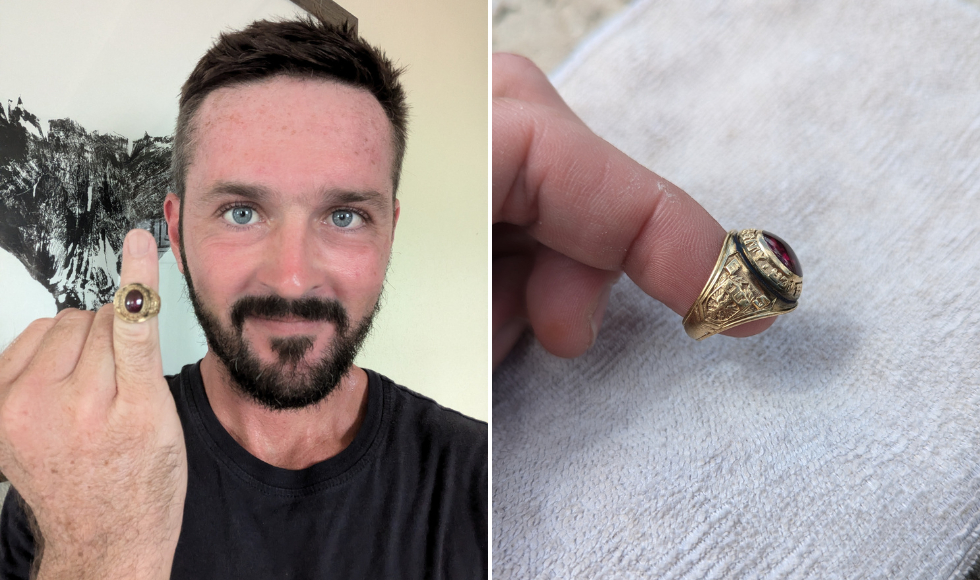 Two photos side-by-side. One shows Alex Davis holding up his pinkie finger which has a signet ring on it. The other shows a hand holding the same ring, set against a towel. 