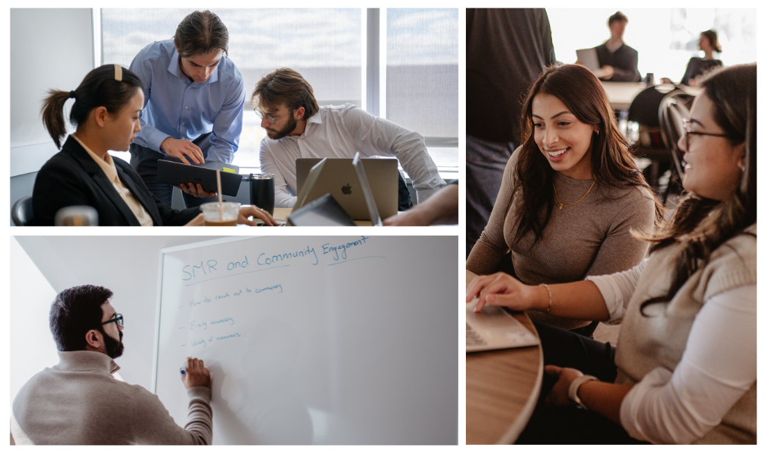 A collage of 3 pictures showing students in small and large groups working together at tables, whiteboards and laptops.