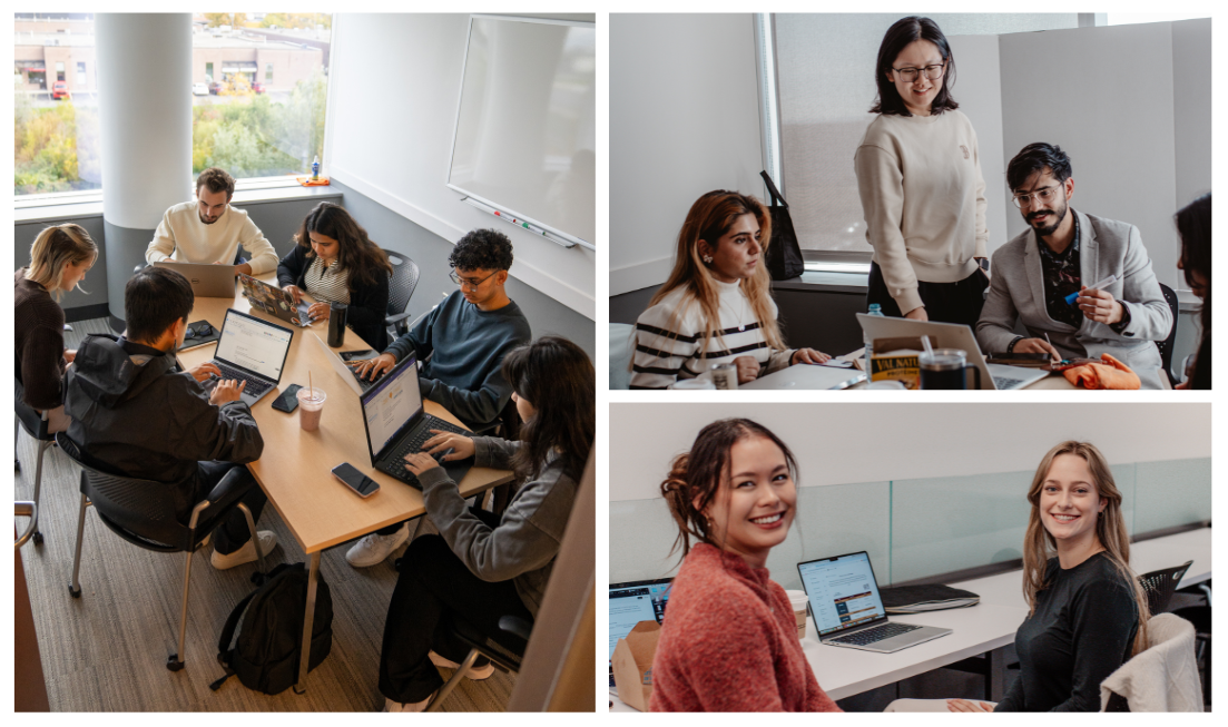 A collage of 3 pictures showing students in small and large groups working together on laptops at tables.