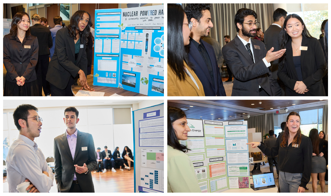 a grid of four images of students presenting their posters on nuclear energy solutions.