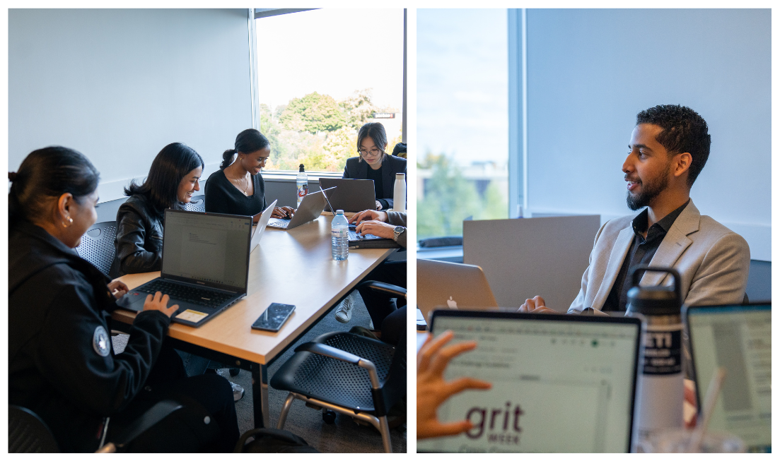 a grid of two photos of students working in groups.