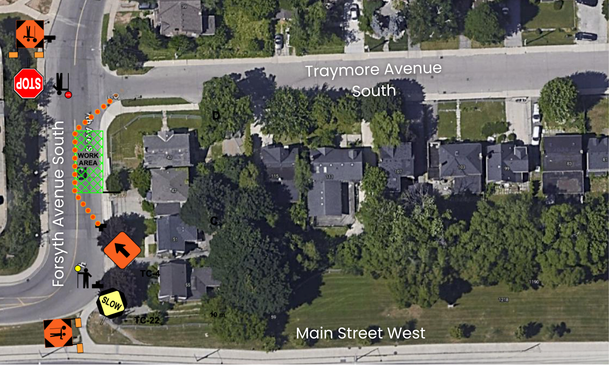 Aerial map view of streets with graphics illustrating the work area and closures on Forsyth Avenue South.