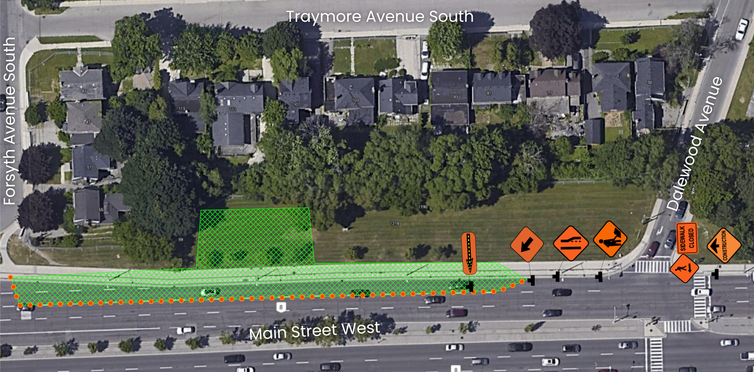 Aerial map view of streets with graphics illustrating the work area and where the sidewalk and the right lane of traffic will be closed along the north side of Main Street West on the perimeter of the Lincoln Alexander Hall construction.