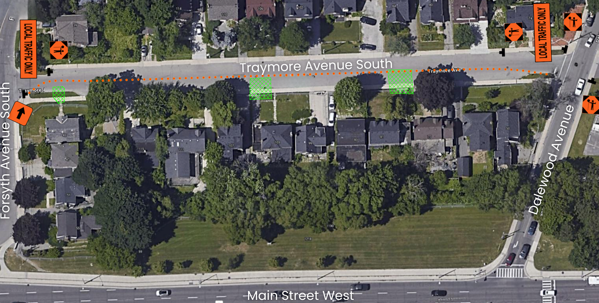 Aerial map view of streets with graphics illustrating the work area and road closure on Traymore Avenue South.