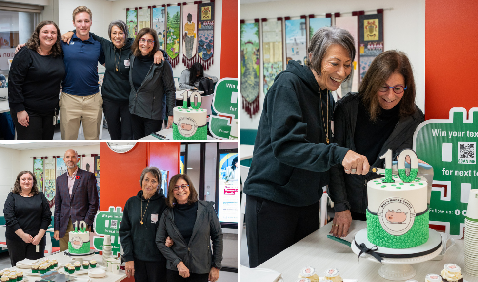 A grid of three photos showing people smiling at the camera and two people cutting a cake that has an image of the Mac’s Money Centre logo on its side. 