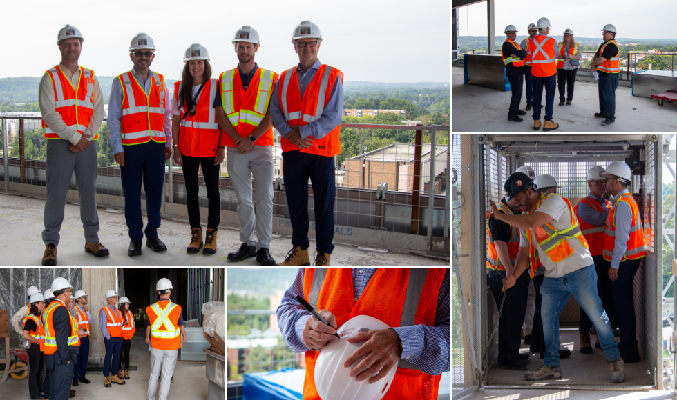 A collage of pictures of groups of people in hard hats and reflective vests at various points in a construction tour, including on the 9th floor.