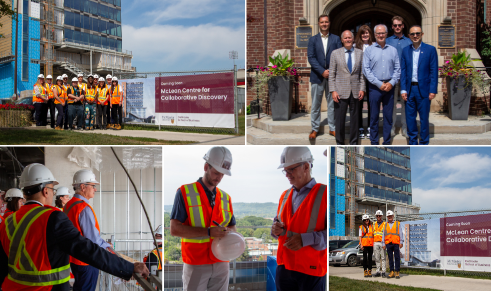 A collage of pictures of groups of people in hard hats and reflective vests at various points in a construction tour, including on the 9th floor.