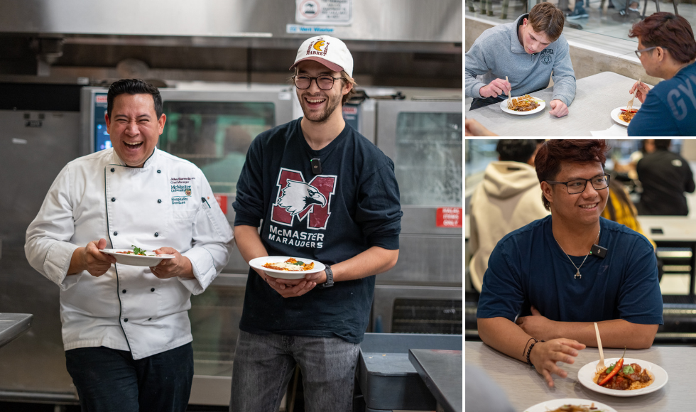 A grid of three photos showing a student and chef holding plates of lasagna bolognese, and students seated at a table eating. 