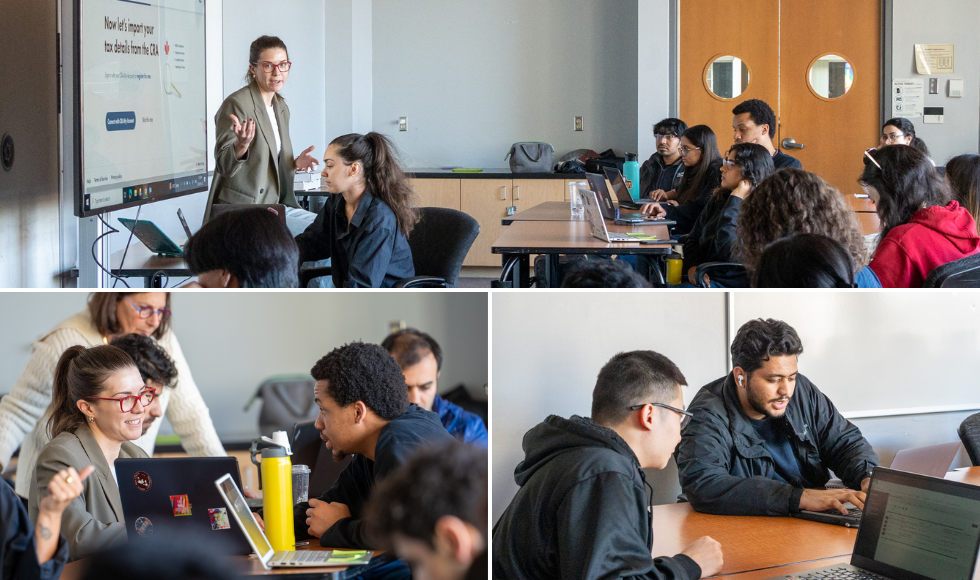 A grid of three photos showing a person training a group of students who are seated at tables with laptops in front of them 