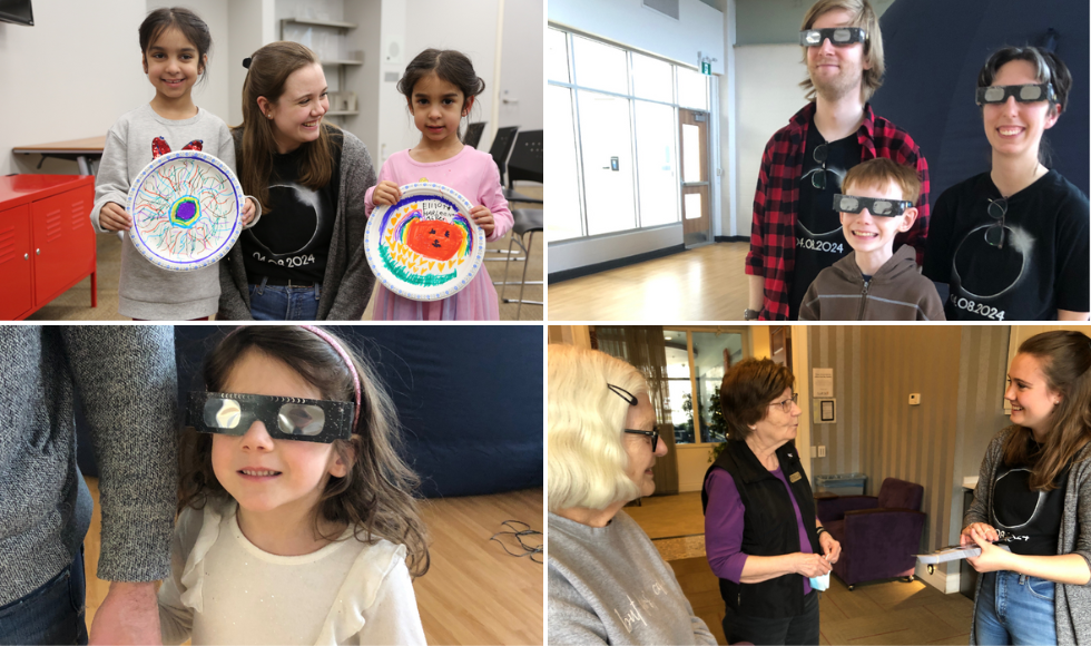 A grid of four photos showing McMaster students interacting with community members 