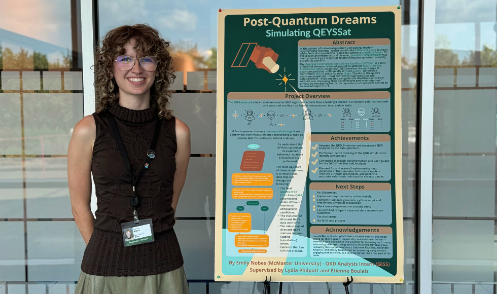 A woman stands beside a detailed poster in front of several large windows. The top of the poster reads 'post-quantum dreams, simulating QEYYSSat.'