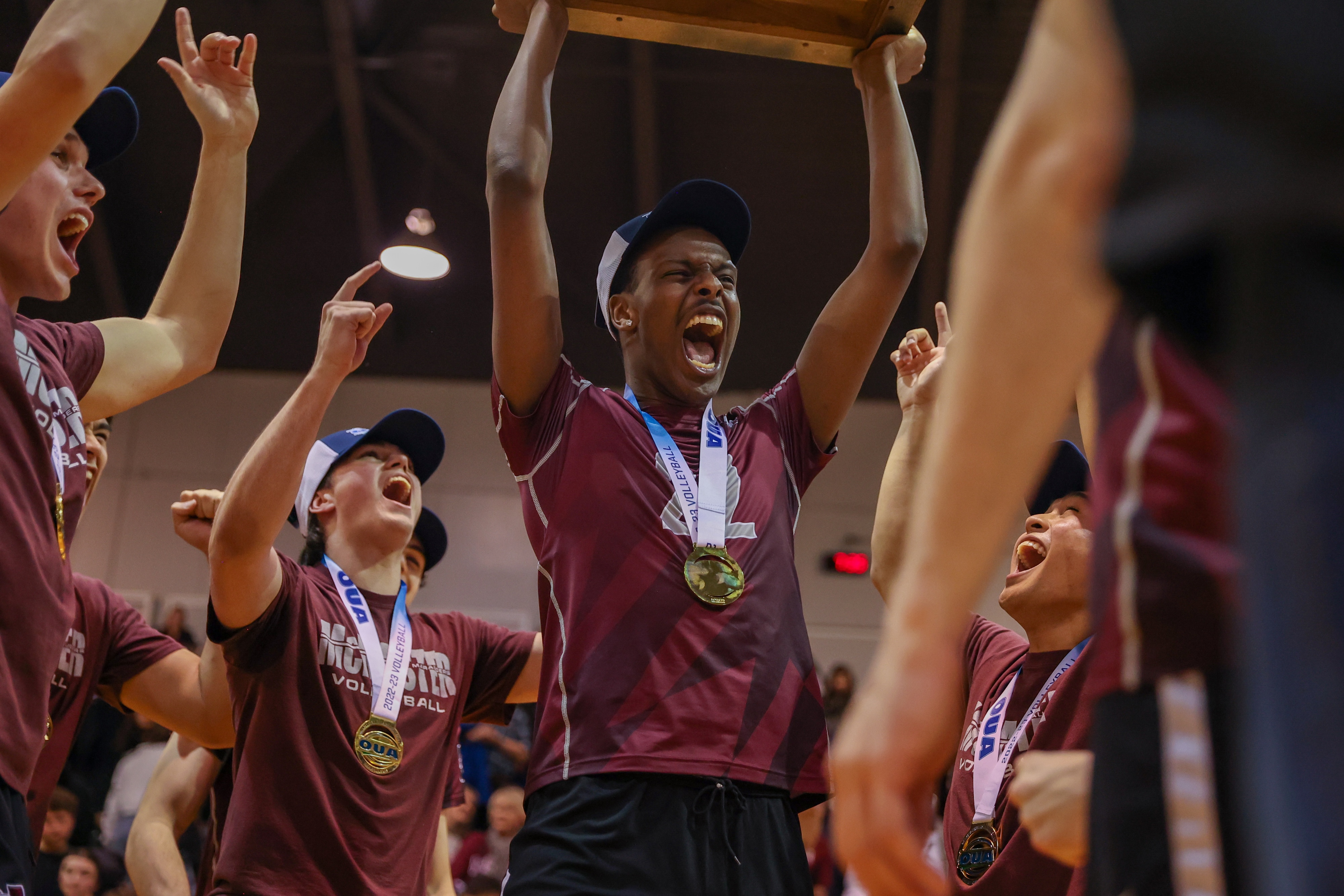 Several men, with gold medals around their necks, celebrate.