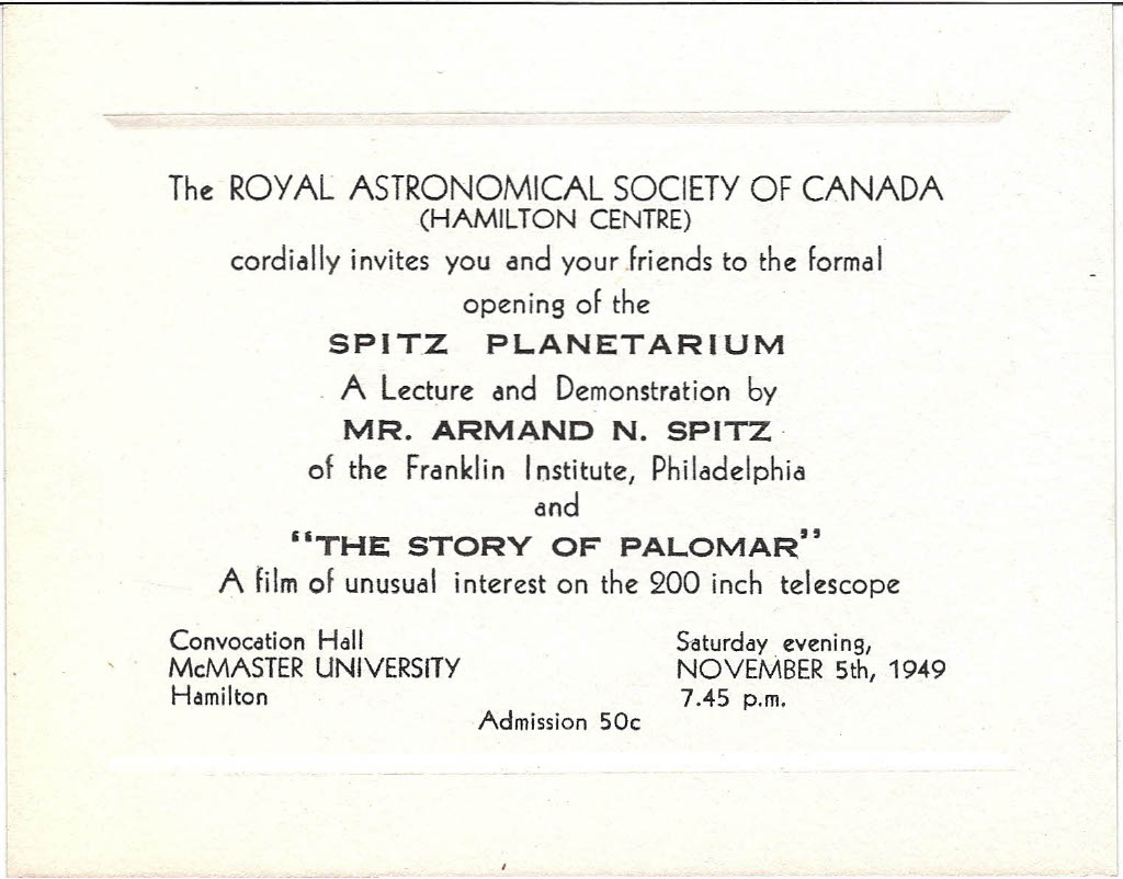 Invitation to the November 1949 event at McMaster, with Armand Spitz as speaker.