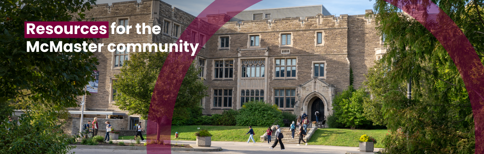 A wide shot of Hamilton on a sunny day with students walking around, alongside text that reads: Resources for the McMaster community