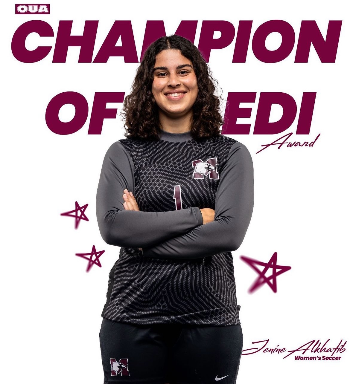 A photo of Jenine Alkhatib, against a white background, with text reading 'Champion of EDI.'