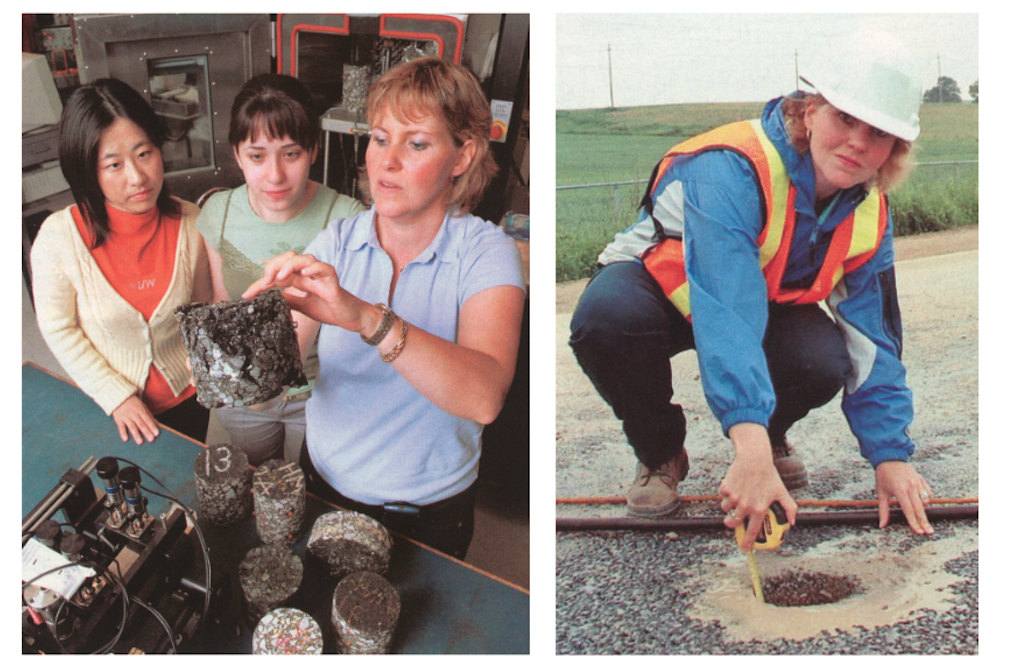 Two photos, side by side. On left, two students look on as an instructor examines asphalt. On the right, a person in a hard hat and vest stands over a landfill site.
