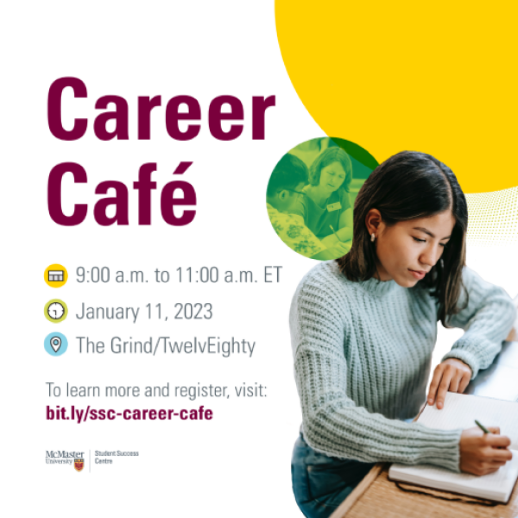 A graphic that reads ‘Career cafe - 9:00 am to 11:00am ET January 11, 2023 - The Grind/TwelvEighty.’ It also features a photo of a student writing in a notebook.