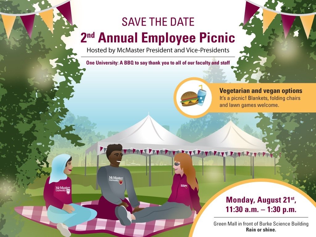 A graphic advertising the 2nd Annual Employee Picnic hosted by McMaster President and Vice-Presidents. It features a graphic illustration of three people in McMaster-branded clothing on a picnic blanket.