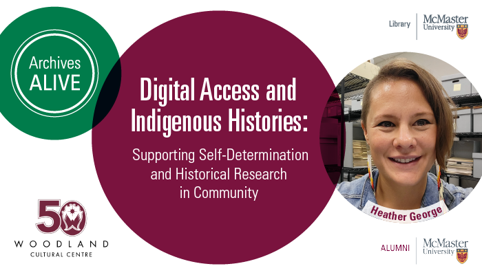 A graphic containing three circles, the McMaster University logo and the Woodland Cultural Centre logo. Two of the circles contain text that reads, ‘Archives Alive - Digital Access and Indigenous Histories: Supporting Self-Determination and Historical Research in Community.’ The third circle contains a headshot of Heather George.