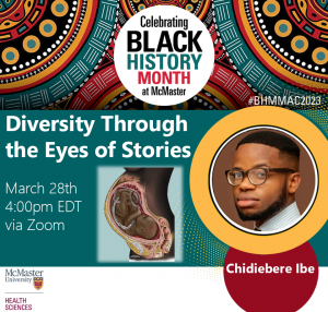 A graphic advertising an event with Chidiebere Ibe entitled, 'Diversity Through the eyes of Stories.'