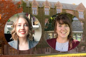 Two round headshots of Akacia Propst and Brianne Morgan overlaid on an image of a building on McMaster's campus