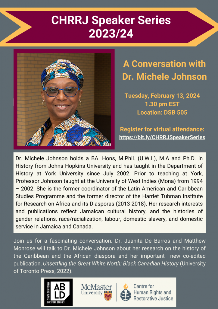 A graphic advertising a talk entitled, ‘A Conversation with Dr. Michele Johnson.’