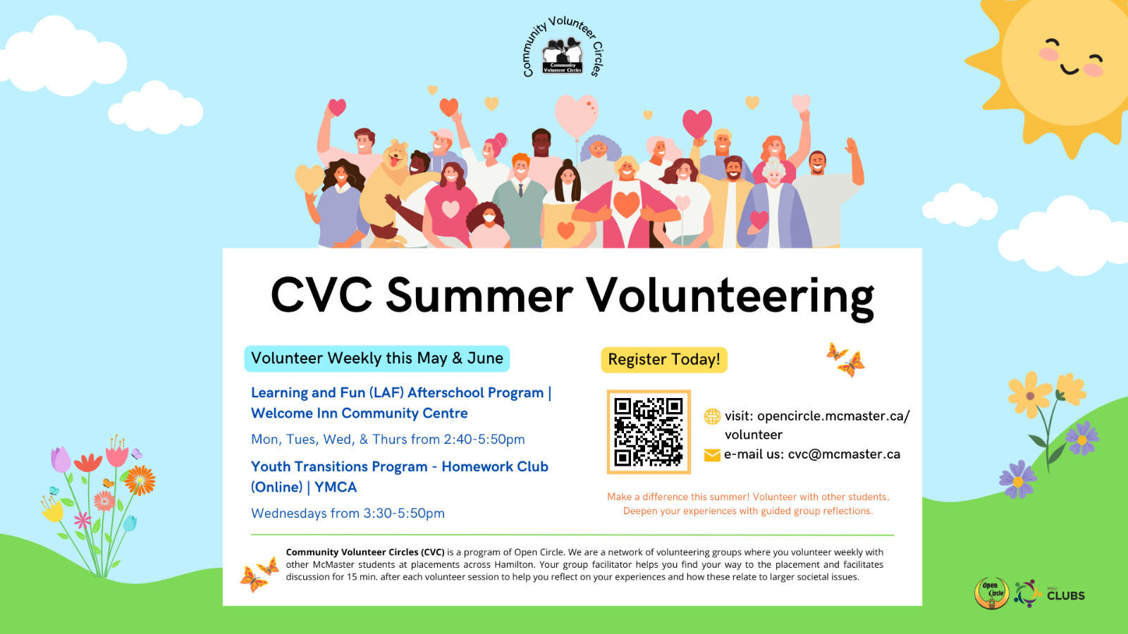 A graphic that advertises CVC Summer Volunteering opportunities. It also features graphic illustrations of a group of people, the sun and flowers.