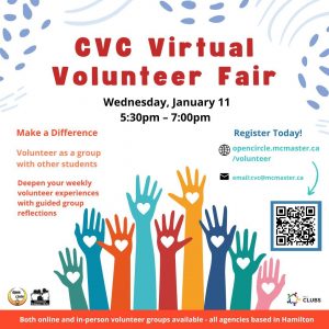 A graphic that reads ‘CVC Virtual Volunteer Fair - Wednesday, January 11, 5:30pm - 7:00pm - Register today — open circle.mcmaster.ca/volunteer - email: cvc@mcmaster.ca.’ It also features nine graphic illustrations of up stretched arms that are all different colours. Each of the hands on the arms have white hearts on them. 