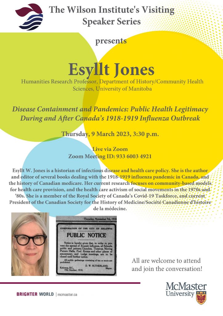 A poster advertising a speaker series event featuring a headshot of Esyllt Jones. 