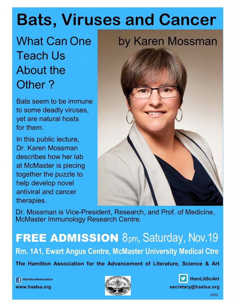 A graphic advertising Karen Mossman’s lecture entitled, ‘Bats, Viruses and Cancer. What can one teach us about the other?” The graphic features a headshot of Karen Mossman and black text on a blue background.
