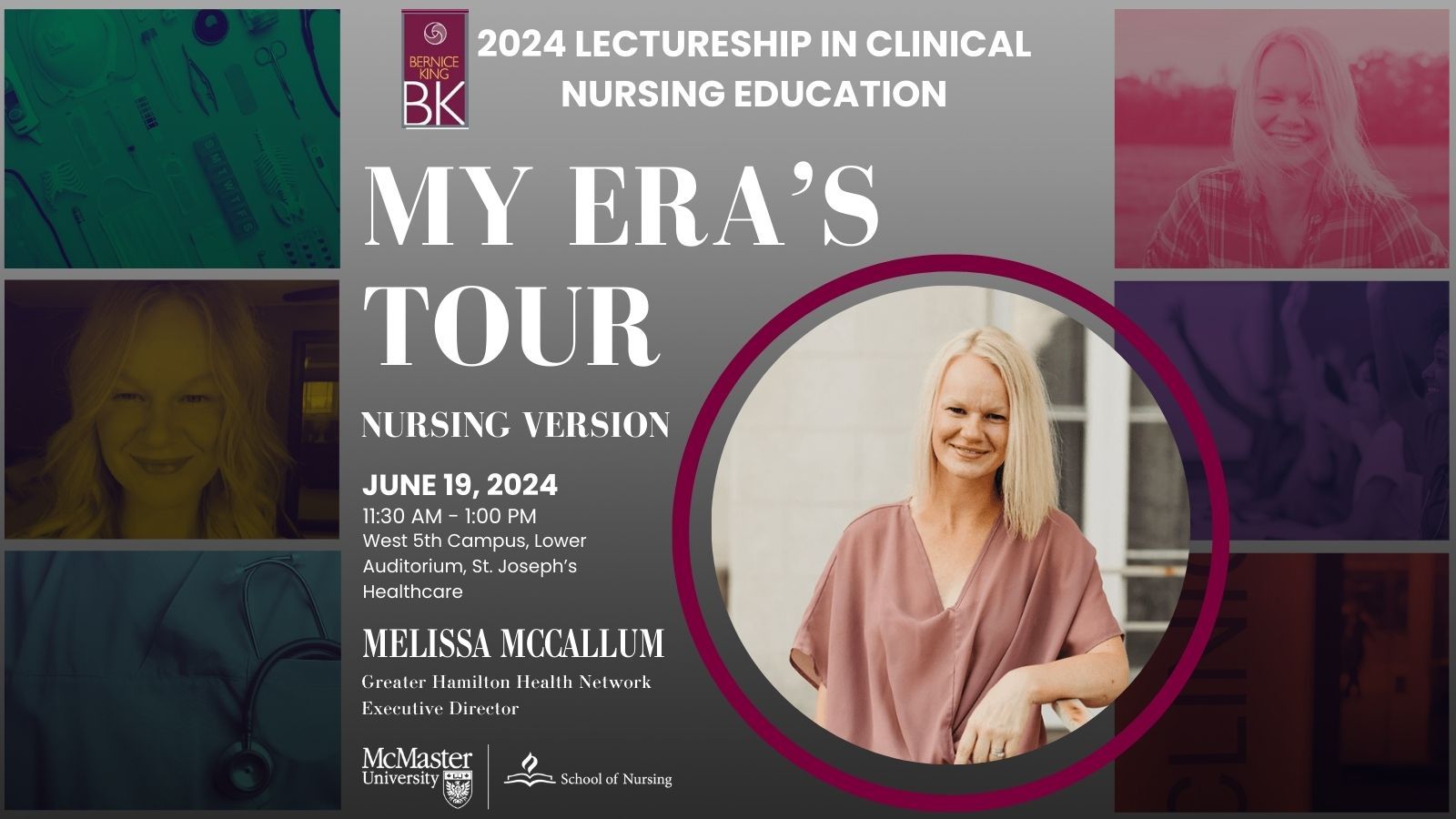 A graphic advertising a talk entitled, '2024 Leadership in Clinical Nursing Education - My Era's Tour'