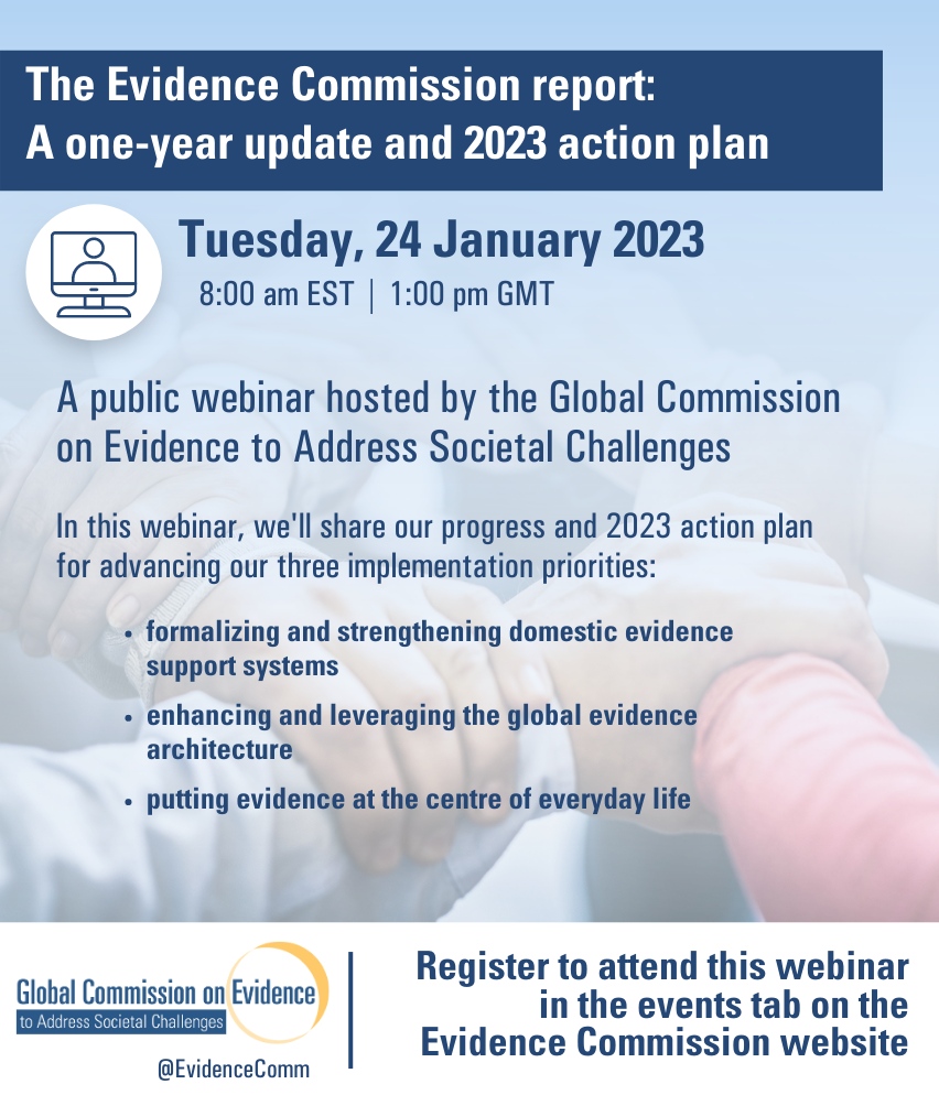 A graphic advertising a public webinar entitled, ‘The Evidence Commission Report: A one-year update and 2023 action plan.’ The graphic also features an image of a series of different people’s hands.