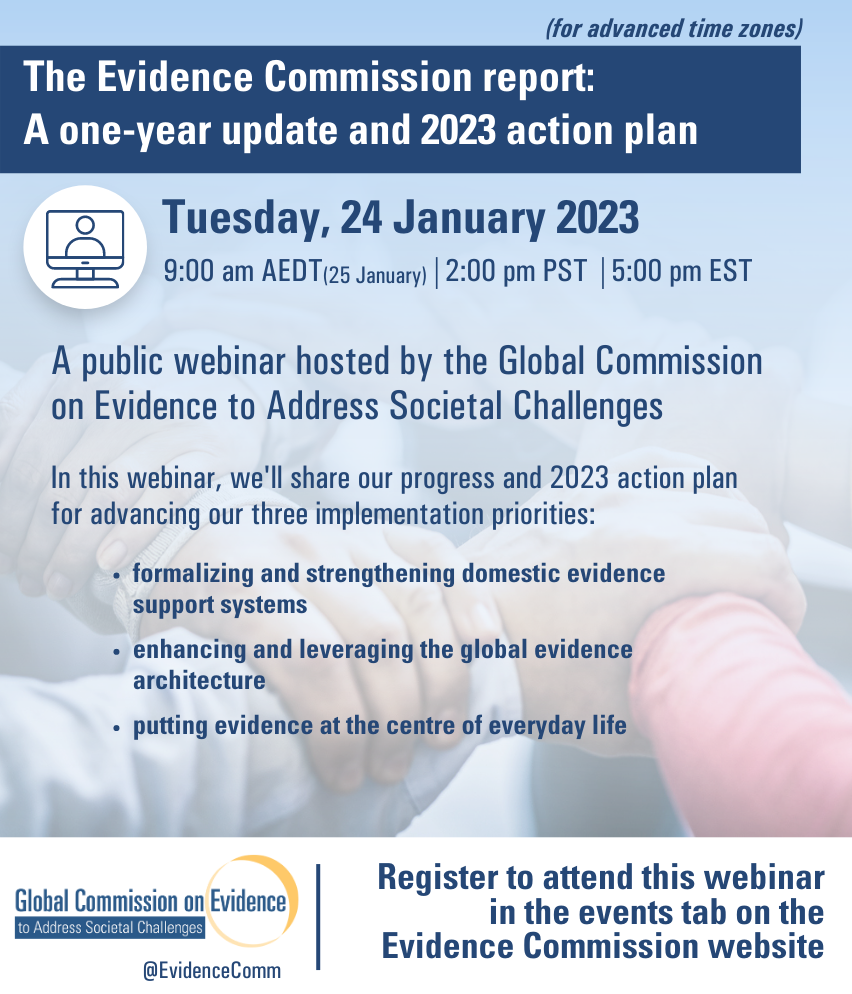 A graphic advertising a public webinar entitled, ‘The Evidence Commission Report: A one-year update and 2023 action plan.’ The graphic also features an image of a series of different people’s hands.
