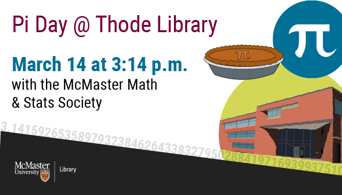 A graphic that reads, 'Pi Day at Thode Library - March 14 at 3:14p.m. with the McMaster Math & Stats Society,' and features a graphic image of a pie, the pi symbol and Thode Library.