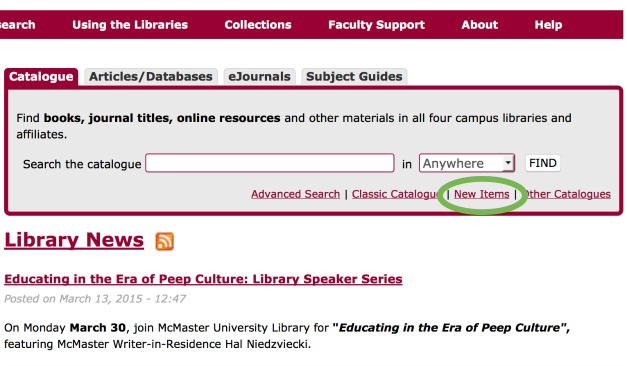 Using the “New Items” feature on the Library website, users can see the most recent additions to McMaster library collections from the previous day, the last 5 days, or the last 30 days. Results can be narrowed further by format, author, topic, language, region, or time period.