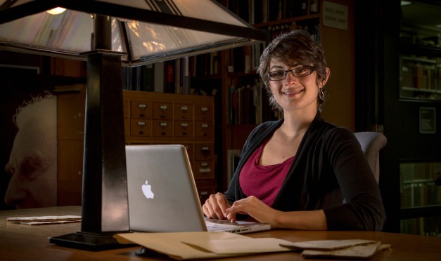 Researcher Jessica Steinberg in the McMaster archives