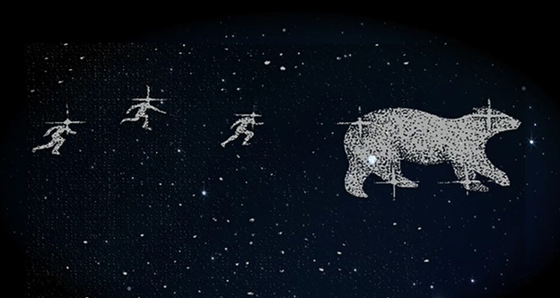 A depiction of how the stars make the shape of a bear and hunters