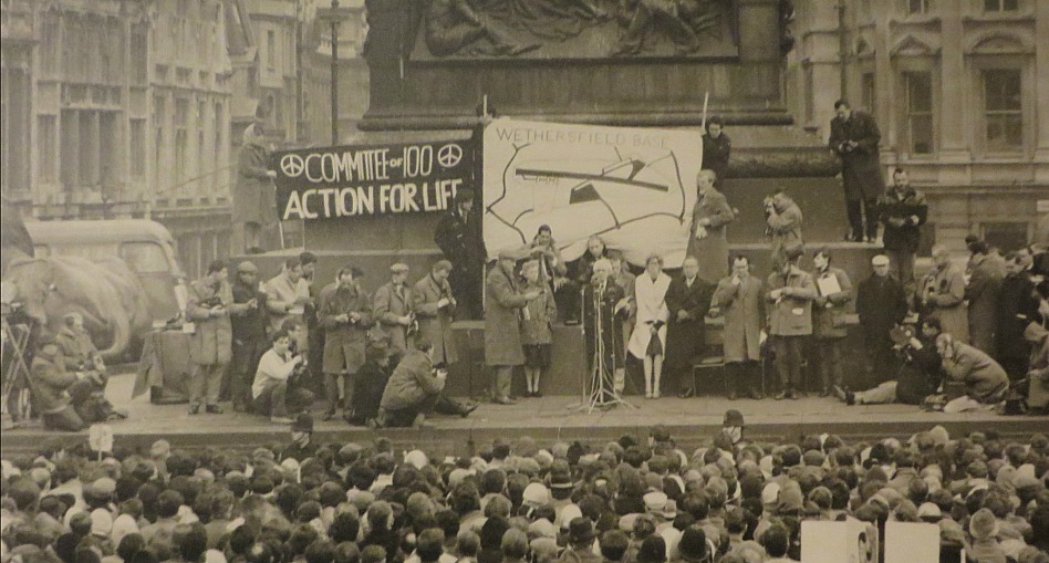 September 20, 1959: Bertrand Russell addressing a crowd of 12,000 in Trafalgar Square at his first speech on behalf of the Campaign for Nuclear Disarmament. This photo is just one of the items on display as part of the Perspectives on Peace Exhibit in the William Ready Division of Archives and Research Collections.