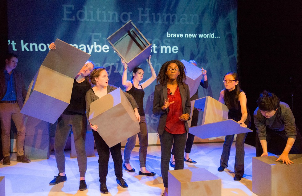 The cast of Cas9 performs during a dress rehearsal Wednesday evening. This new play, presented by the School of the Arts and now on-stage at the Robinson Memorial Theater, addresses the ethical implications of modifying the human genome.