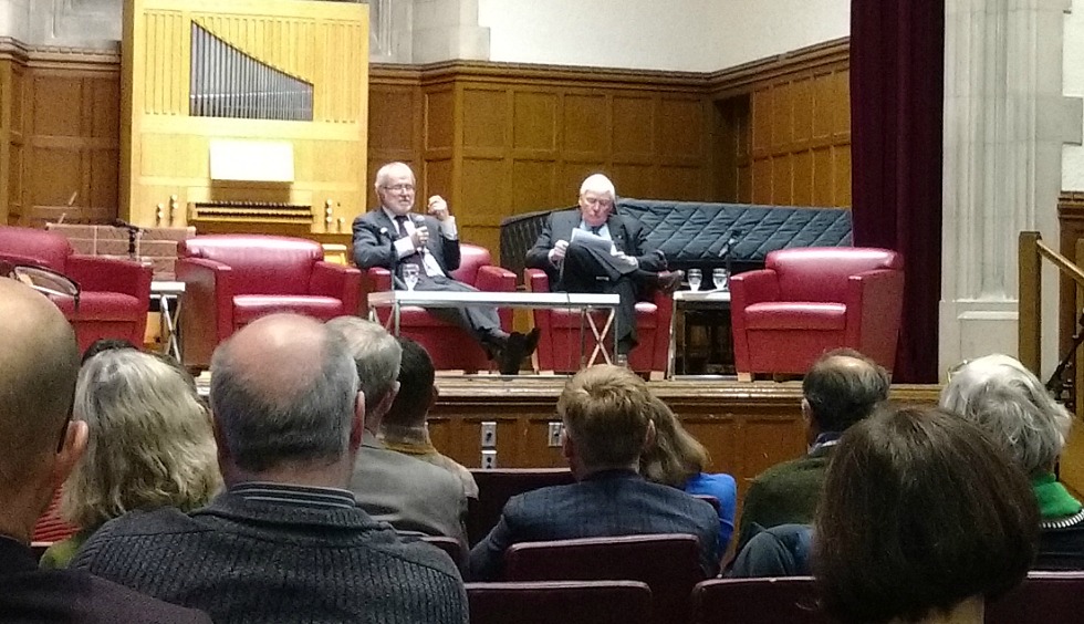 McMaster President Patrick Deane (left) hosts a fireside chat with Dr. Lynton (Red) Wilson, McMaster Chancellor Emeritus, long-time university supporter, and passionate advocate for the study and promotion of Canadian history. The talk was part of the inaugural event in the 2016/17 McMaster Seminar on Higher Education series, which, throughout the year, will focus on the theme of ‘Canada @ 150.’