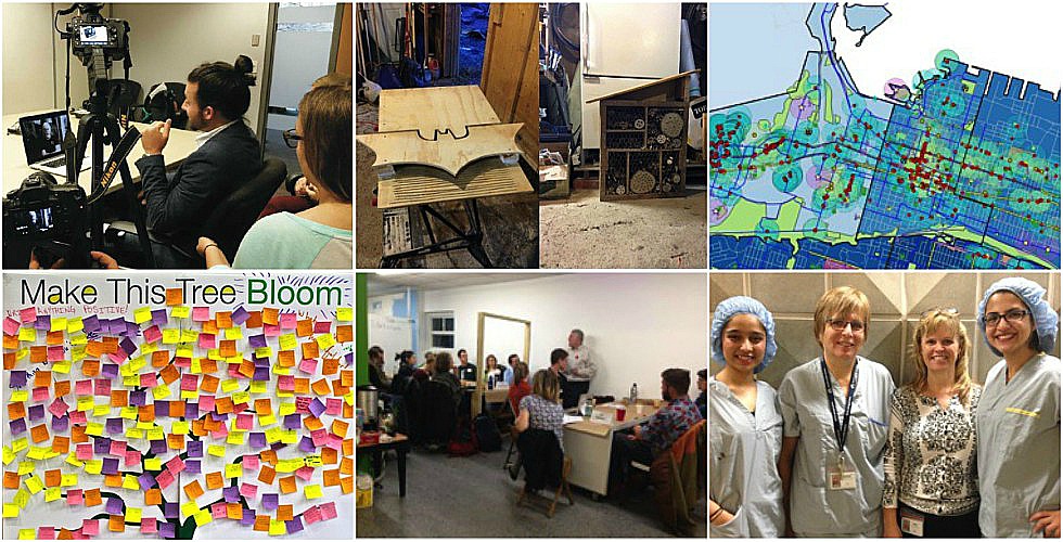 Images from some of the student-led experiential learning projects contained in the 2015/16 Academic Sustainability Programs Annual Report. Projects include (from top left) Sustainable Joes: Making Sustainability Easy, Small Farm Biodiversity and Pollinator Habitat, Hamilton Bike Parking Inventory Analysis, (from bottom left) Random Act of Kindness Day: McMaster Outreach, Supporting the Formation of Cycle Hamilton, Waste Management at McMaster Medical Centre.
