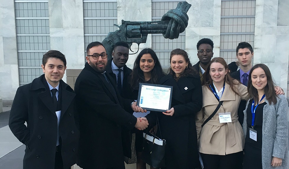 McMaster students (from left) Salvatore Sbrega, Adam Othman, Brandon Boateng, Jessica Jacob, Natasha Jakac-Sinclair, Ayub Juun, Danielle Billington, Michael Coomber, Sarah Brown hold their award for ‘Best Large Delegation,”one of a number of honours they received while participating in a youth conference at the United Nations. John Wojcik & Antonio Sergi, were also part of the delegation, but aren’t pictured.