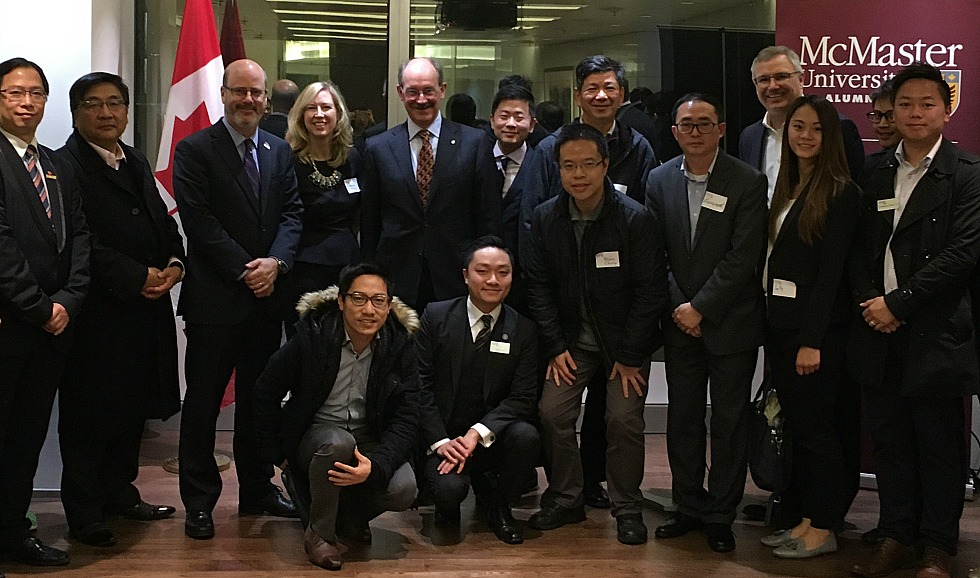 Peter Mascher, McMaster’s associate vice-president, International Affairs (fifth from the left) recently attended an event organized by McMaster’s Alumni Office and held at the Consulate General of Canada in Hong Kong and Macao. Consul General, Jeff Nankivell (third from the left), along with a number of McMaster alumni now living in Hong Kong, were in attendance. It was part of a trip to Hong Kong and Shanghai to connect with McMaster alumni, and meet with representatives from some of Hong Kong’s and Mainland China’s top universities.