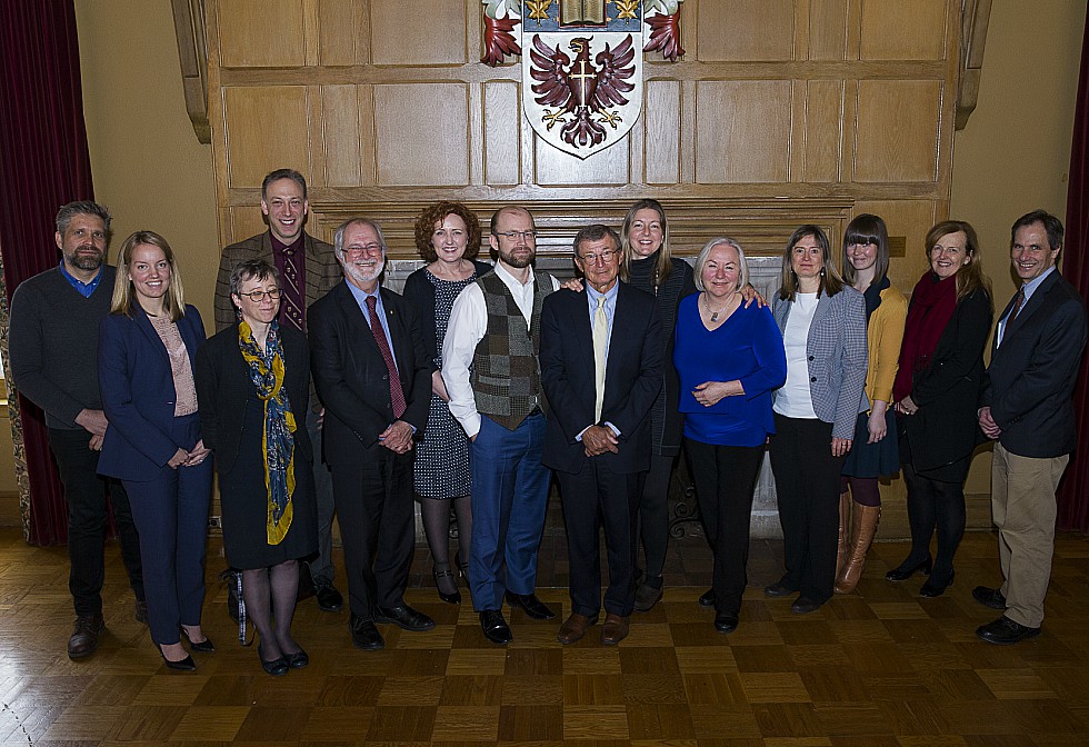 From left: Hendrik Poinar, professor, Anthropology, Kelly Worton, senior development officer, Megan Brickley, professor, Anthropology, Paul Grossman, director of major and planned giving, Patrick Dean, McMaster President, Tracy Prowse, associate professor, Anthropology, Rob Koloshuk, Victor Koloshuk, Barb Koloshuk, Ann Herring, professor emeritus, Anthropology, Tina Moffat, associate professor and chair, Anthrology, Laura Lockau, Shelley Saunders Scholarship recipient, Mary Williams, vice-president, University Advancement, Jerry Hurley, dean of the Faculty of Social Sciences.