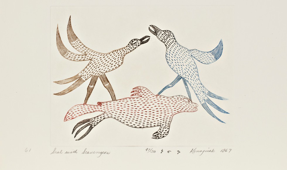 Feature image is by Kenojuak Ashevak (Inuit, 1927-2013), Seal with Scavengers, 1967. Engraving on paper (25 x 33 cm.), McMaster Museum of art. Gift of Douglas Davidson, 2018. Copyright Dorset Fine Arts.