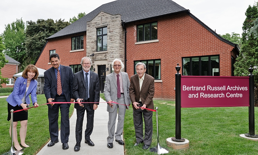 From left: Vivian Lewis, McMaster University Librarian; Mohamed Attalla, AVP and Chief Facilities Officer, Patrick Deane, McMaster President, Nick Griffin, Director, Bertrand Russell Research Centre; Ken Blackwell, Honourary Russell Archivist.