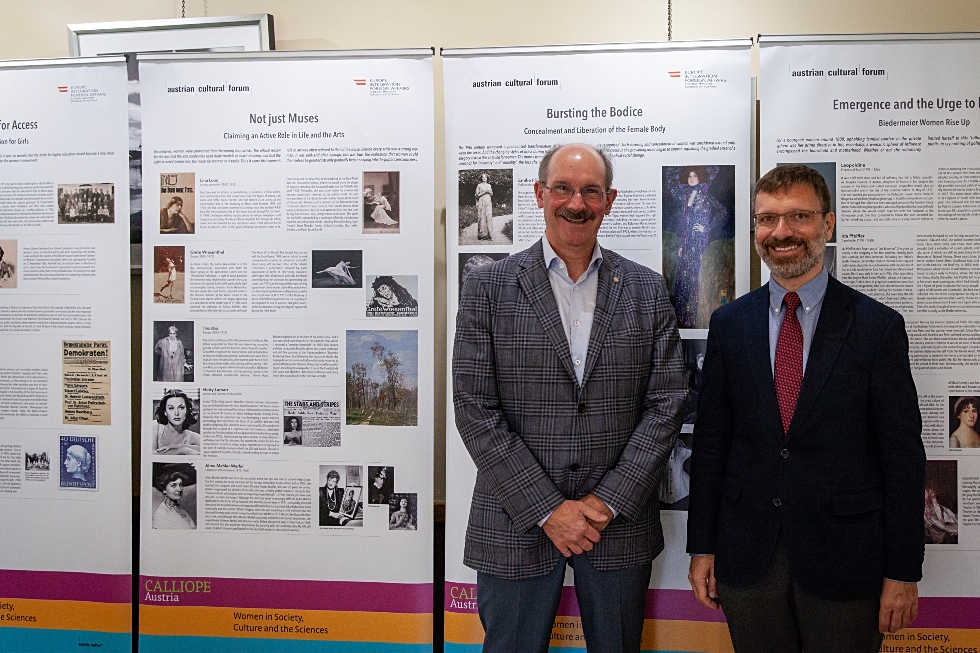 (From right) Deputy Head of Mission at the Austrian Embassy, Bernhard Faustenhammer and Vice-Provost, International Affairs, Peter Mascher. Faustenhammer was recently on campus for a special exhibit celebrating Austrian women who have made a lasting contribution to the empowerment of women worldwide.