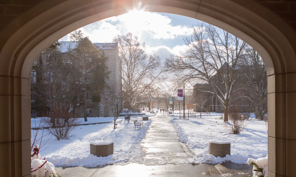 Photo of campus in winter then through then doors of the University Club