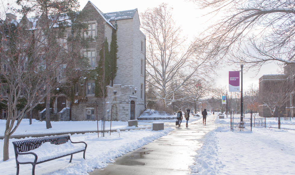 McMaster campus in winter, looking towards the back of University Hall