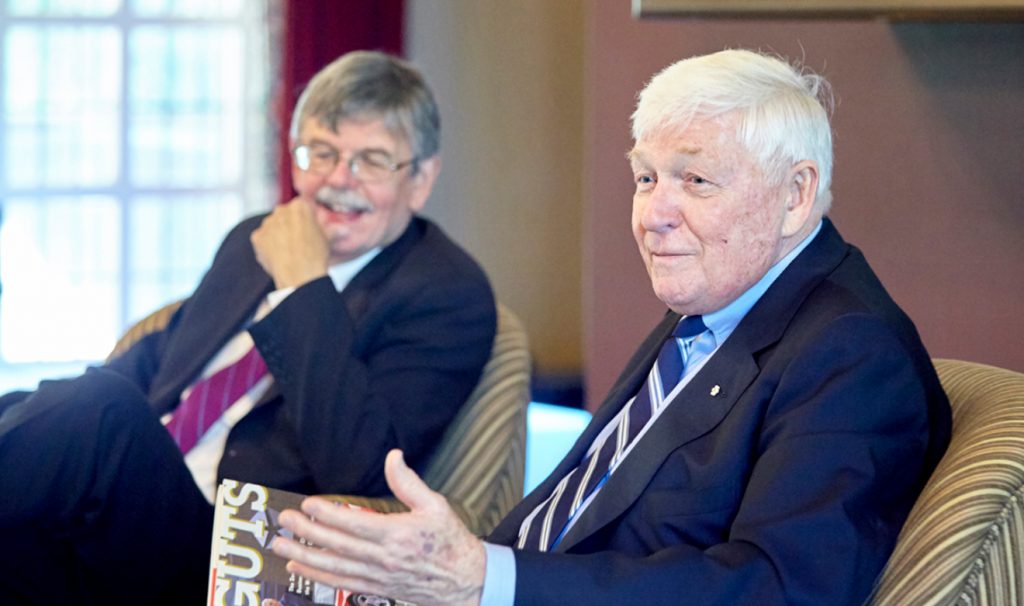 Gord Pitts, at left, sitting with Red Wilson, former chancellor of McMaster.